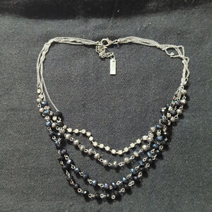 INC Silver Tone Clear Rhinestone Black and Grey Beaded Crystal Layered Necklace